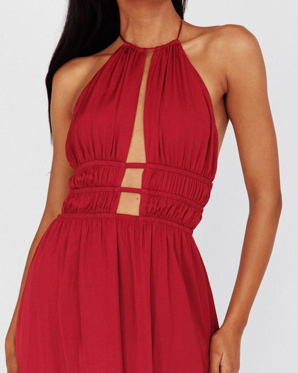 Wine Open Back Halterneck Maxi Dress