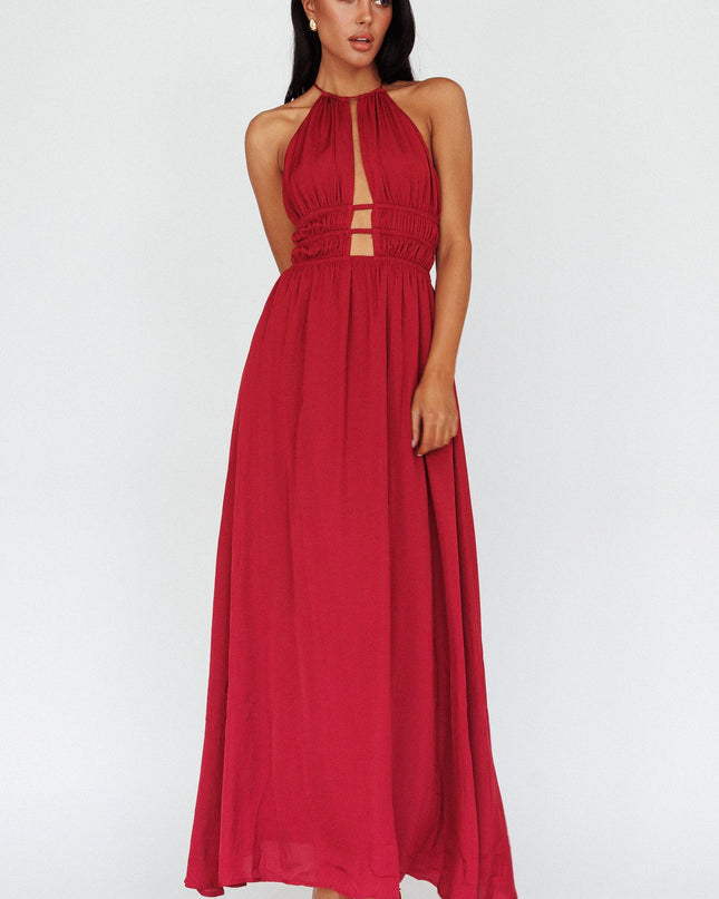 Wine Open Back Halterneck Maxi Dress