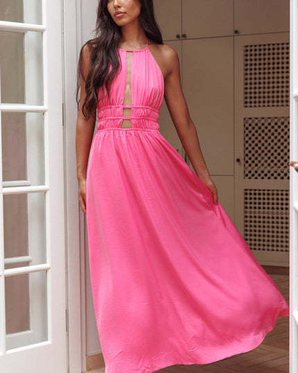 Hot Pink Open Back Halterneck Maxi Dress