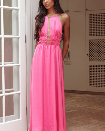 Hot Pink Open Back Halterneck Maxi Dress
