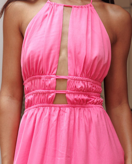 Hot Pink Open Back Halterneck Maxi Dress