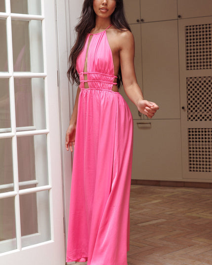 Hot Pink Open Back Halterneck Maxi Dress