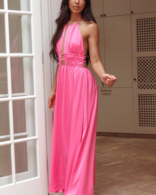 Hot Pink Open Back Halterneck Maxi Dress