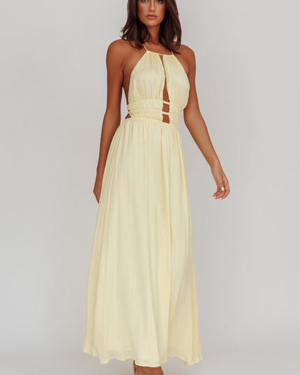 Light Yellow Open Back Halterneck Maxi Dress