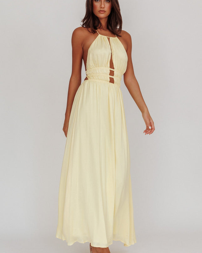 Light Yellow Open Back Halterneck Maxi Dress
