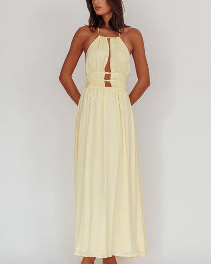 Light Yellow Open Back Halterneck Maxi Dress
