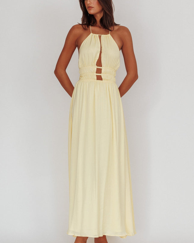 Light Yellow Open Back Halterneck Maxi Dress