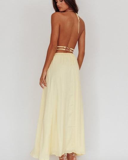Light Yellow Open Back Halterneck Maxi Dress