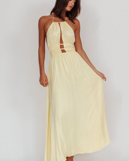 Light Yellow Open Back Halterneck Maxi Dress