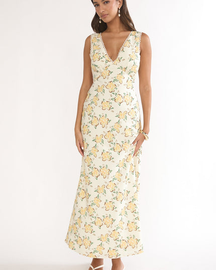 Yellow V-Neckline Maxi Dress Floral