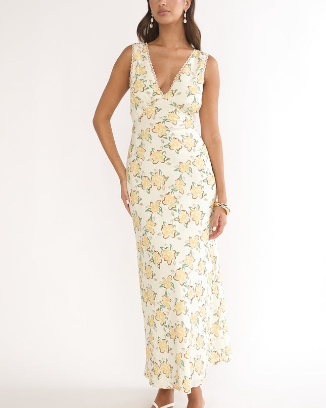 Yellow V-Neckline Maxi Dress Floral