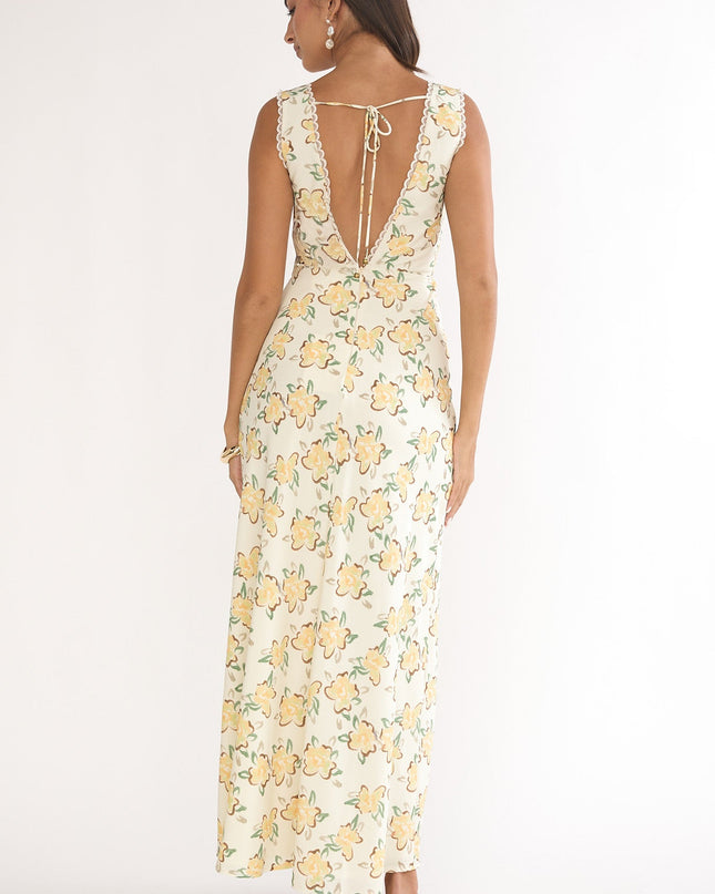 Yellow V-Neckline Maxi Dress Floral
