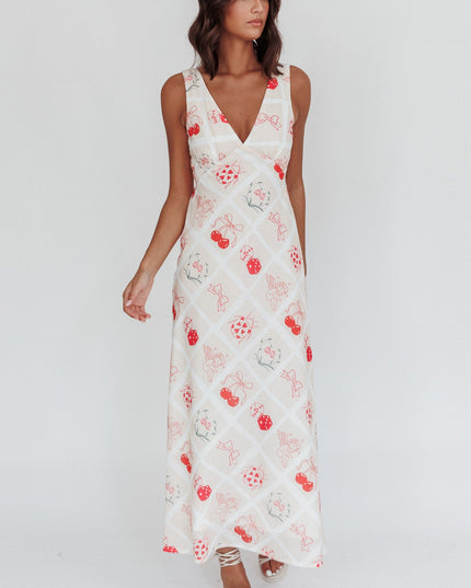 Beige V-Neckline Maxi Dress Print