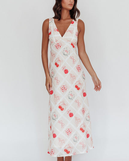 Beige V-Neckline Maxi Dress Print