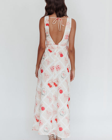 Beige V-Neckline Maxi Dress Print