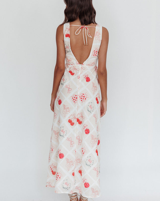 Beige V-Neckline Maxi Dress Print