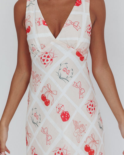 Beige V-Neckline Maxi Dress Print