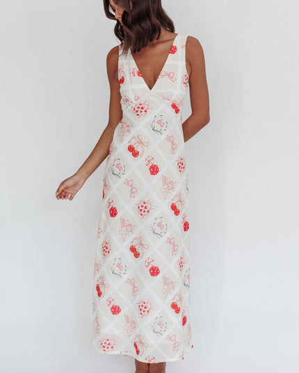 Beige V-Neckline Maxi Dress Print