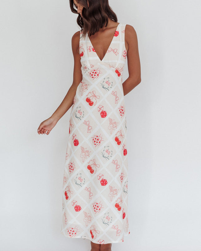 Beige V-Neckline Maxi Dress Print