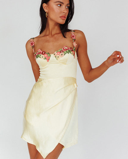 Lemon Rose Garden Floral Applique Wrap Mini Dress
