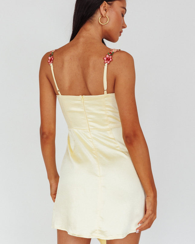 Lemon Rose Garden Floral Applique Wrap Mini Dress