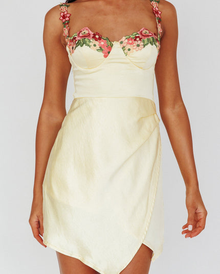 Lemon Rose Garden Floral Applique Wrap Mini Dress