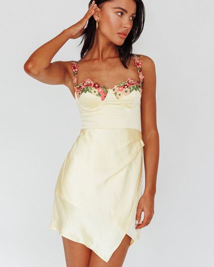 Lemon Rose Garden Floral Applique Wrap Mini Dress