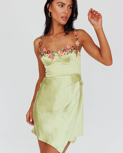 Lime Rose Garden Floral Applique Wrap Mini Dress