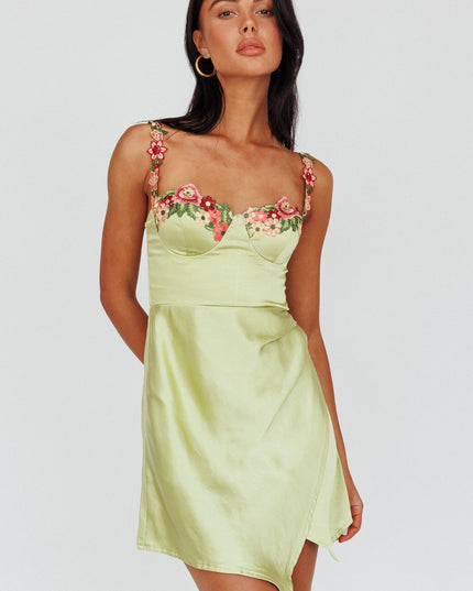 Lime Rose Garden Floral Applique Wrap Mini Dress