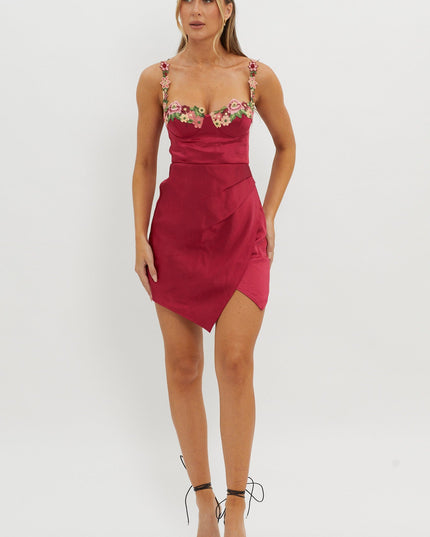 Merlot Rose Garden Floral Applique Wrap Mini Dress