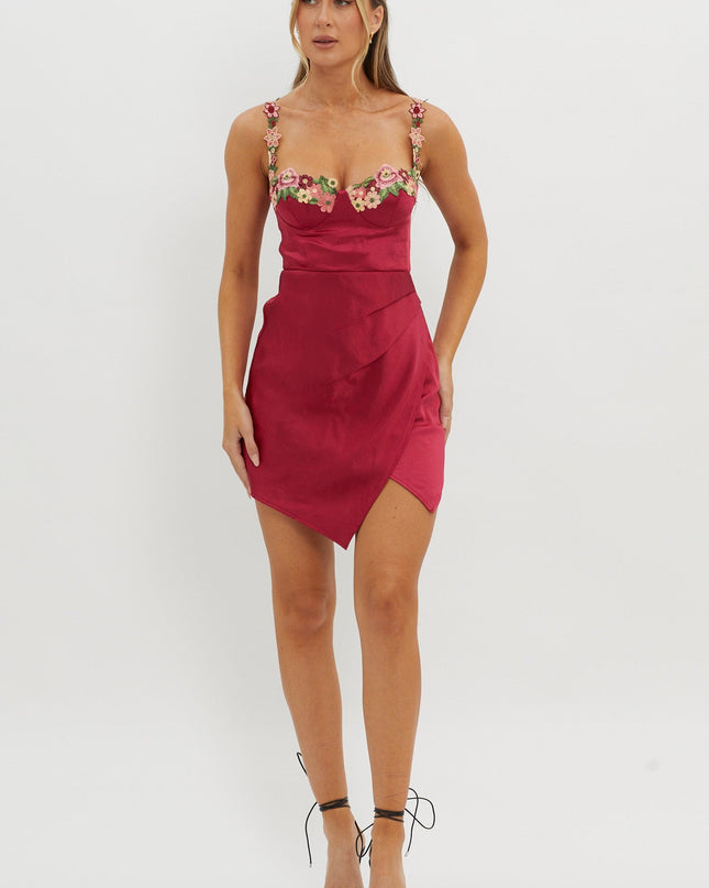 Merlot Rose Garden Floral Applique Wrap Mini Dress