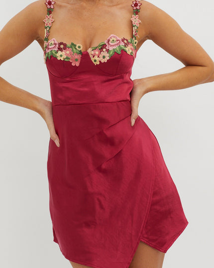 Merlot Rose Garden Floral Applique Wrap Mini Dress