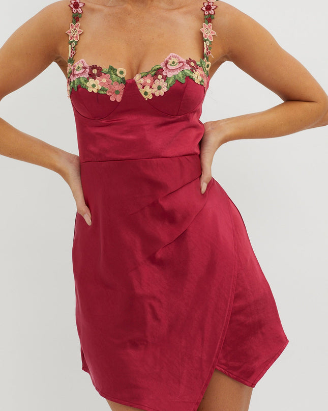 Merlot Rose Garden Floral Applique Wrap Mini Dress