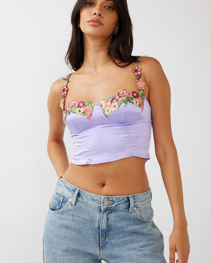 Lilac Rose Garden Floral Applique Crop Top