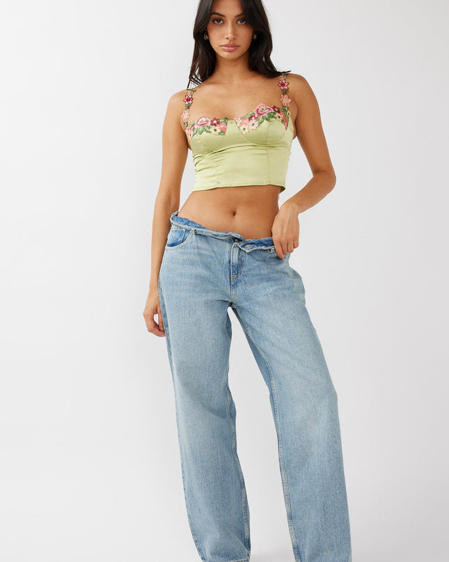 Lime Rose Garden Floral Applique Crop Top