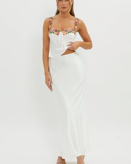 White Rose Garden Satin Maxi Skirt