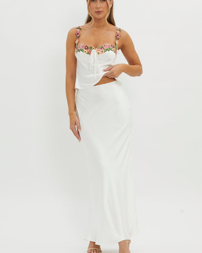 White Rose Garden Satin Maxi Skirt