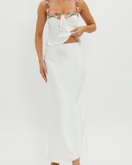 White Rose Garden Satin Maxi Skirt