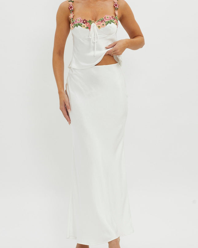 White Rose Garden Satin Maxi Skirt