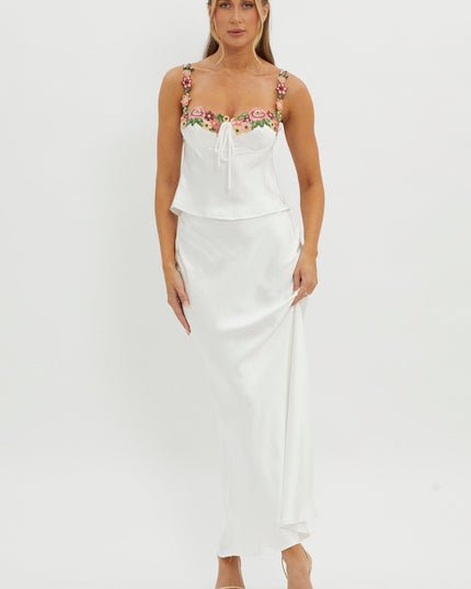 White Rose Garden Satin Maxi Skirt