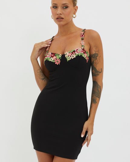 Black Rose Garden Floral Applique Bodycon Mini Dress