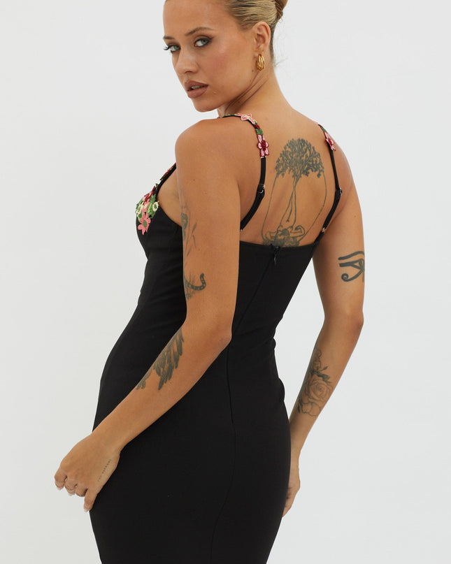 Black Rose Garden Floral Applique Bodycon Mini Dress