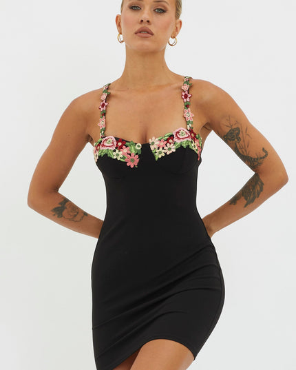 Black Rose Garden Floral Applique Bodycon Mini Dress