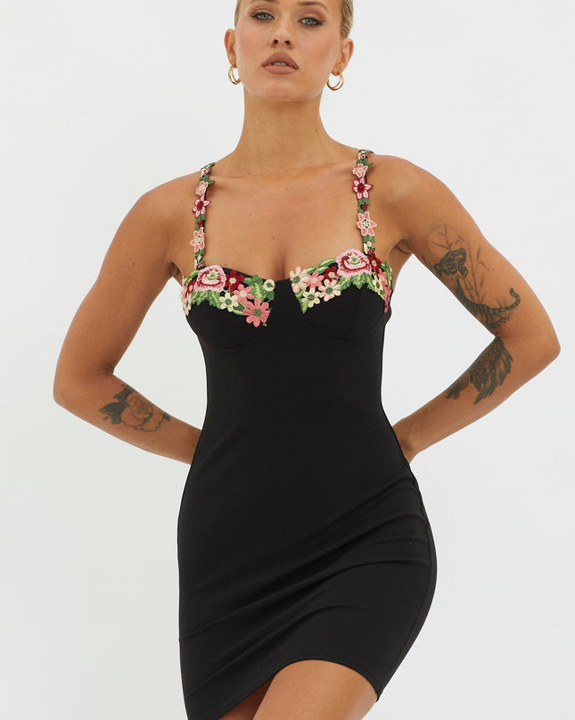 Black Rose Garden Floral Applique Bodycon Mini Dress