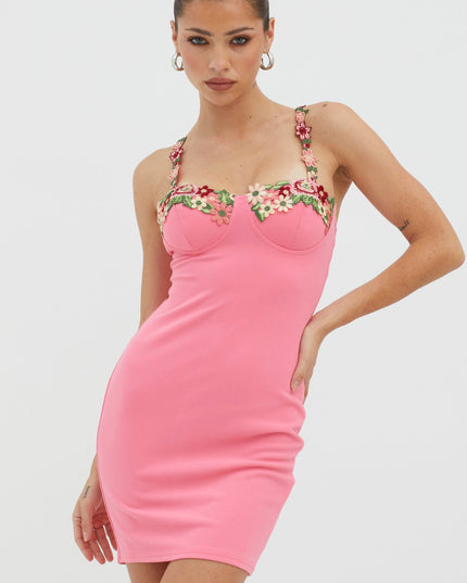 Hot Pink Rose Garden Floral Applique Bodycon Mini Dress