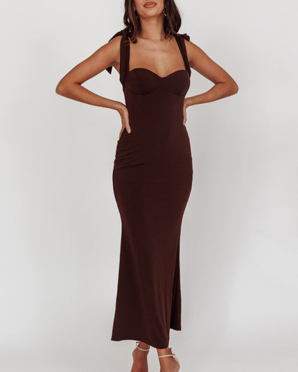 Brown Rose Garden Tied Shoulder Maxi Dress