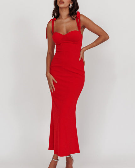 Red Rose Garden Tied Shoulder Maxi Dress
