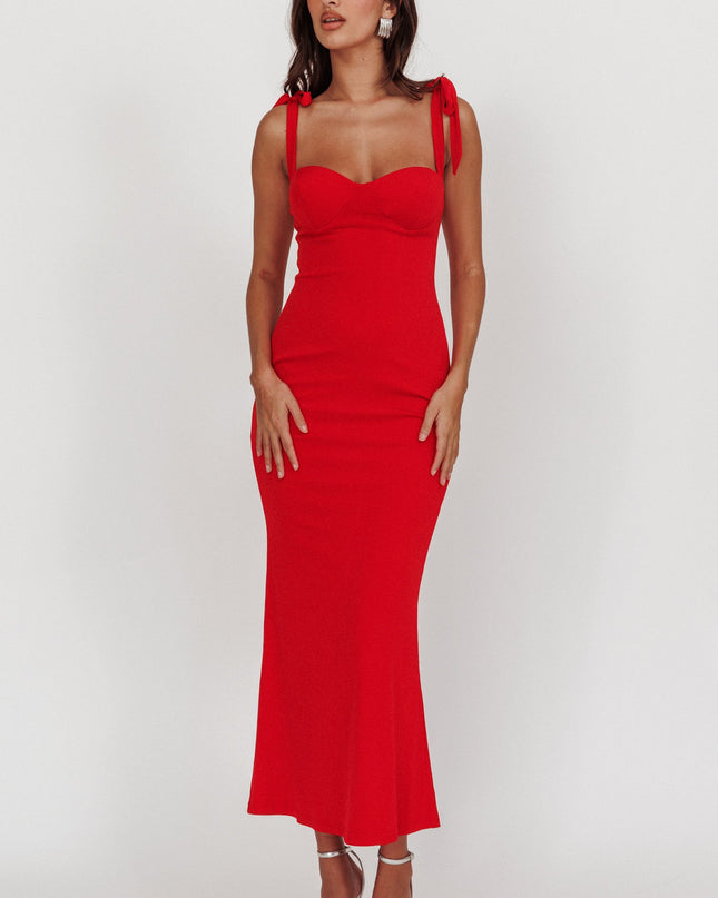 Red Rose Garden Tied Shoulder Maxi Dress