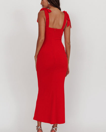 Red Rose Garden Tied Shoulder Maxi Dress