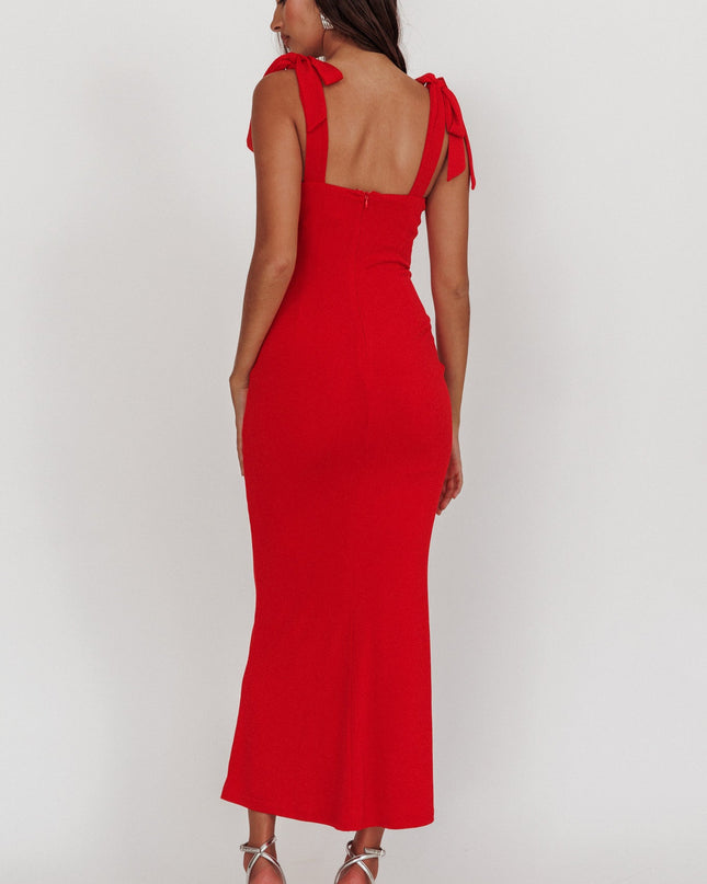 Red Rose Garden Tied Shoulder Maxi Dress